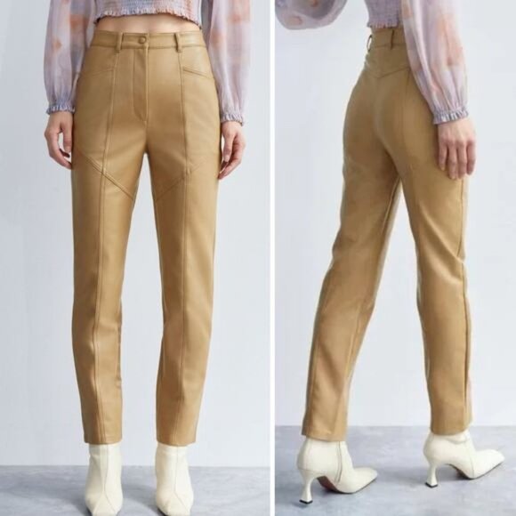 WILFRED Aritzia Rebel High Waisted Slim-Fit Vegan Leather Pants Sz 0 Tawny - Picture 1 of 10